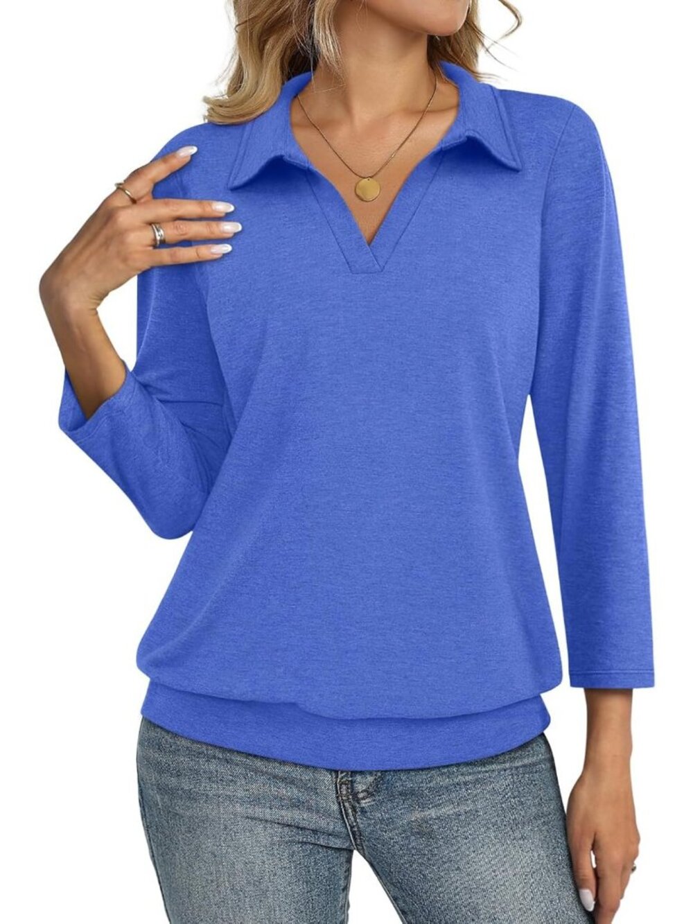 Women's Blue V Neck Banded Bottom 3/4 Sleeve Shirts Collared Casual Blouses